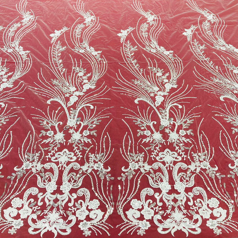 1 Yard Ivory Beaded Lace Fabric Embroidered on 100 Percent Polyester Net Mesh 54 Inch Width