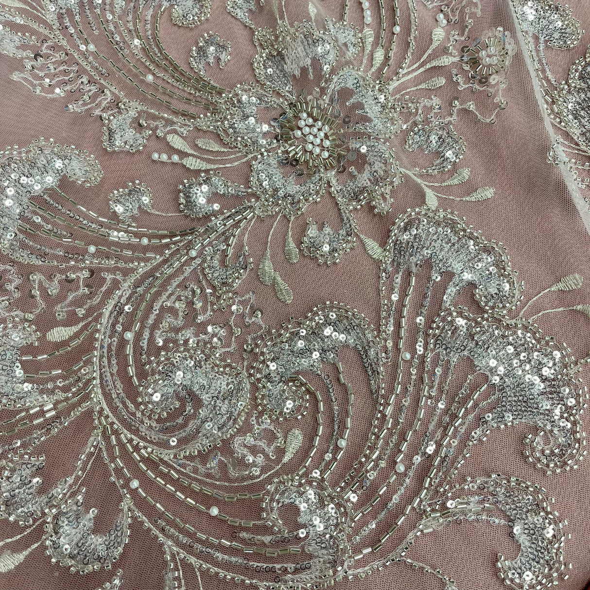 Beaded Lace Fabric on Polyester Net Mesh