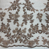 Beaded Lace Fabric - Embroidered On 100 Percent Polyester Net Mesh, Lt. Sage/Dark Sage, 54" Width (1 Yard)