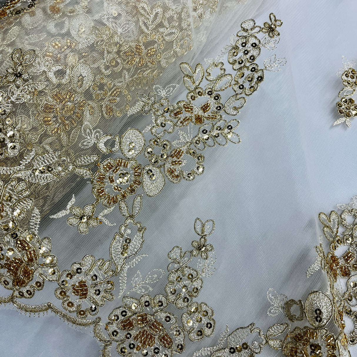 1 Yard Beaded and Corded Bridal Lace Fabric Embroidered on Polyester Net Mesh 54 inch Width