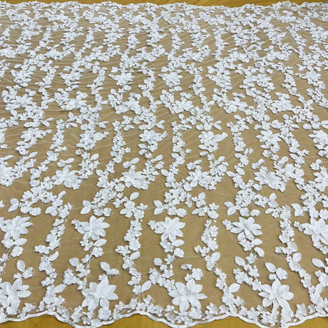 Beaded 3D Floral Lace 100 Percent Polyester Fabric - Off White, Embroidered Net Mesh, 44" Width (1 Yard)