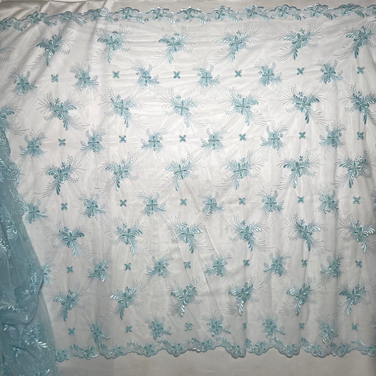 1 Yard Silver Beaded Lace Fabric Embroidered on Polyester Net Mesh for Wedding and Evening Gowns – 52"