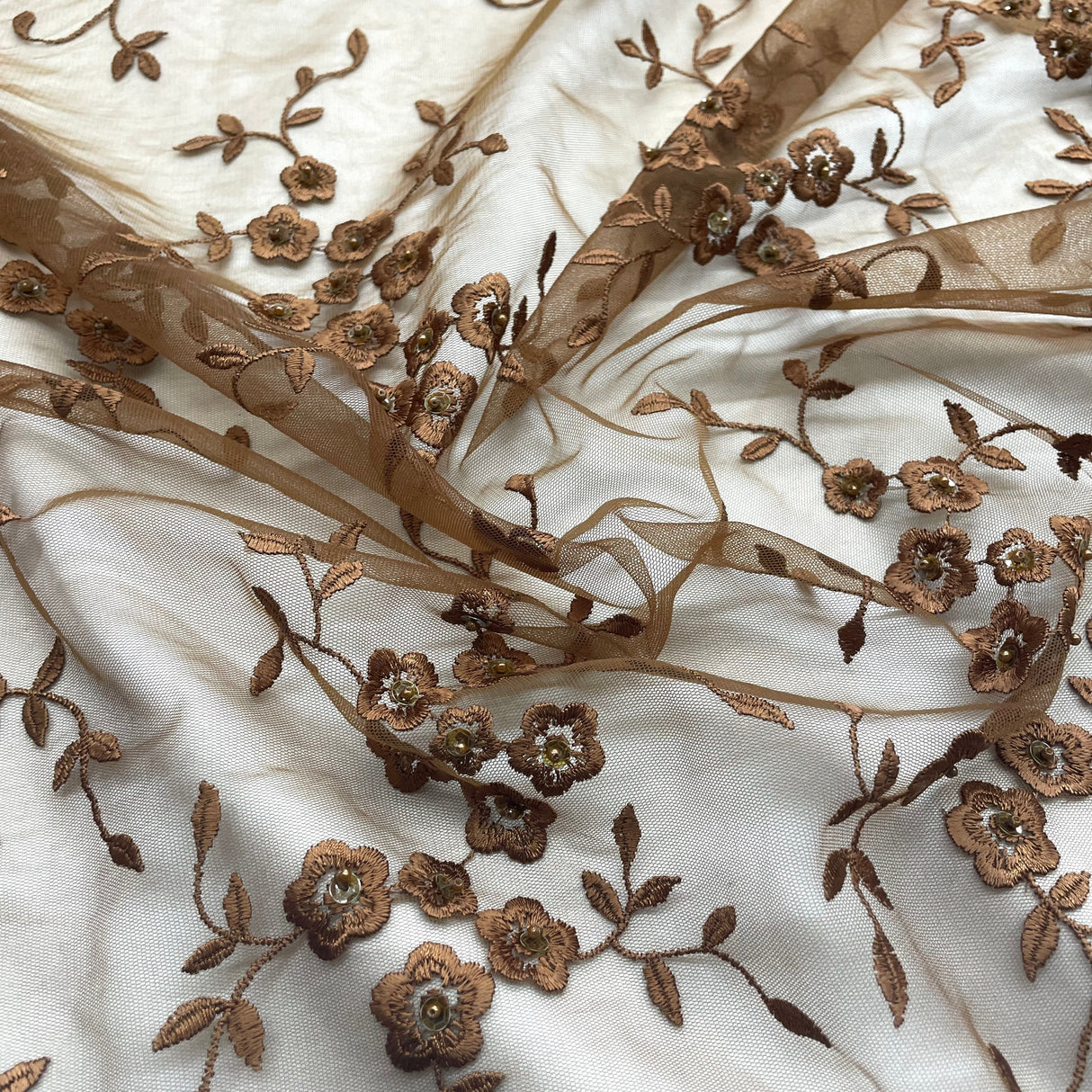 Beaded Lace Fabric on Polyester Net Mesh