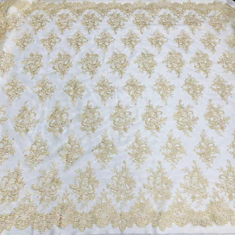 1 Yard - Corded Bridal Lace Fabric Embroidered on 100% Polyester Net Mesh - 54"