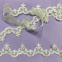 Corded Lace Trimming Embroidered On 100 Percent Polyester Net Mesh Fabric - White, White With Silver, Gold, Ivory, 1.5" Width (1 Yard)