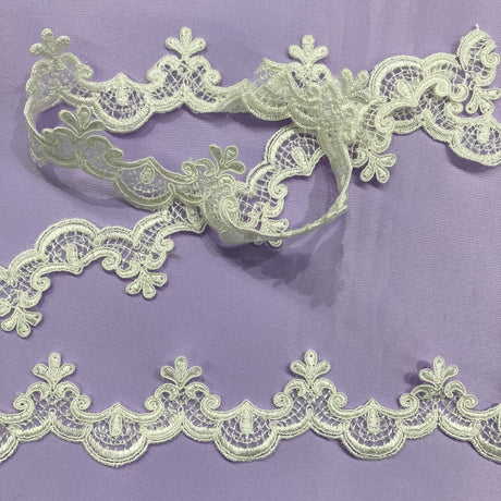 Corded Lace Trimming Embroidered On 100 Percent Polyester Net Mesh Fabric - White, White With Silver, Gold, Ivory, 1.5" Width (1 Yard)