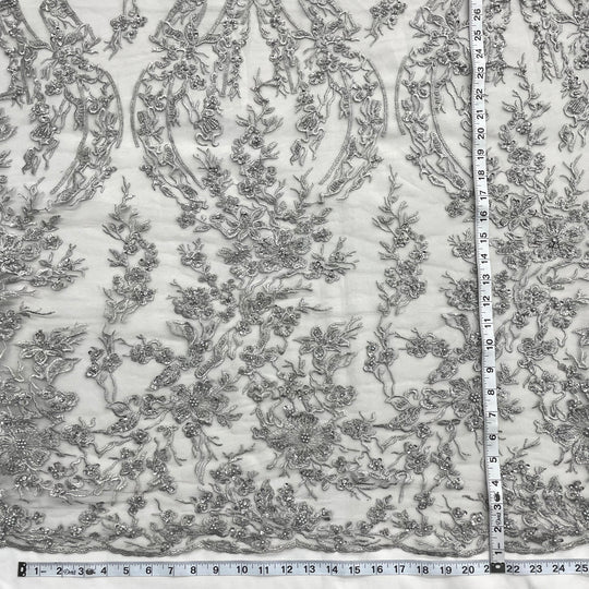 1 Yard Silver Beaded Embroidered Lace Fabric – 54"
