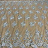 1 Yard Silver Beaded 3D Floral Lace Fabric Embroidered on Polyester Net Mesh Couture 52 Inch Width