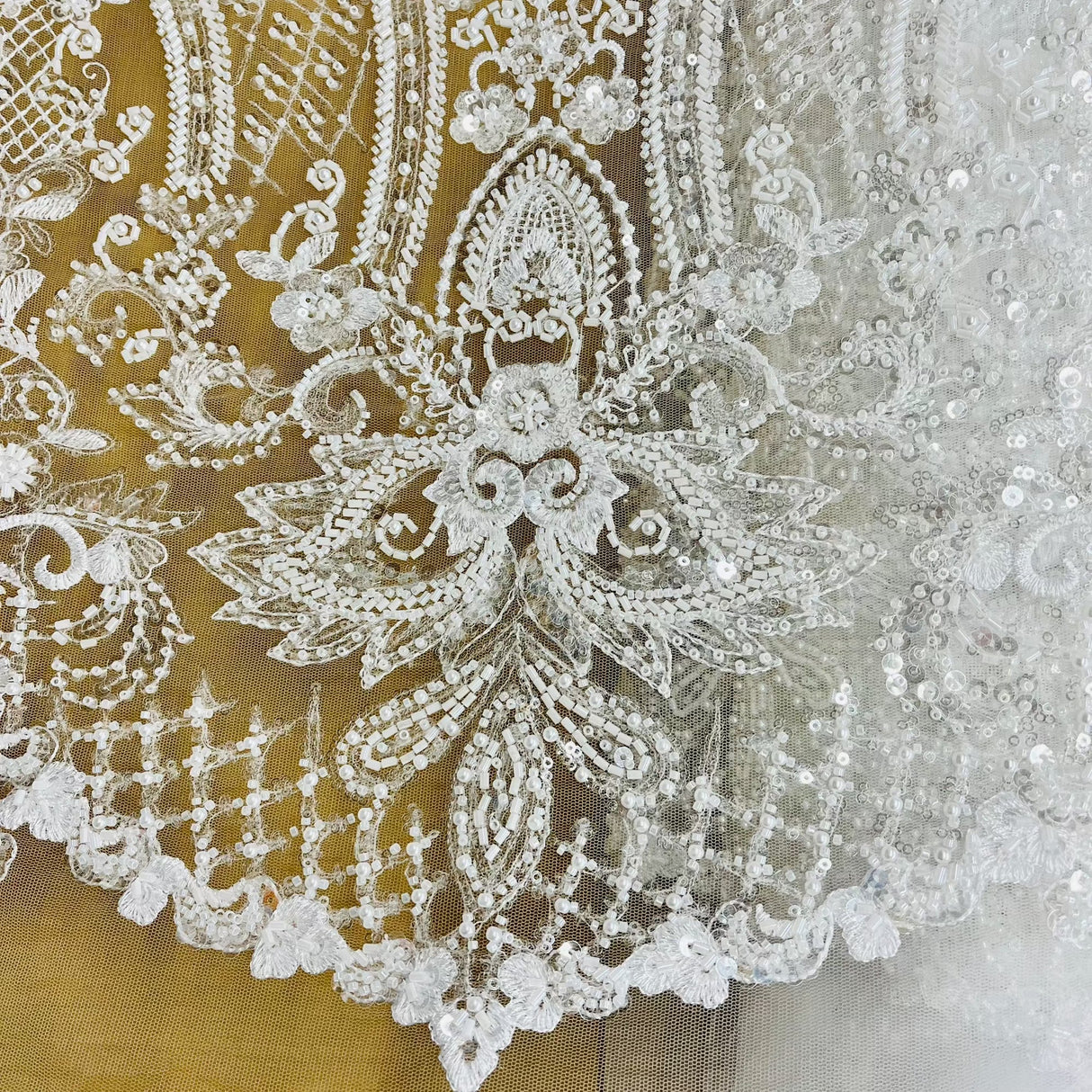 Beaded Lace Fabric on Polyester Net Mesh 52"