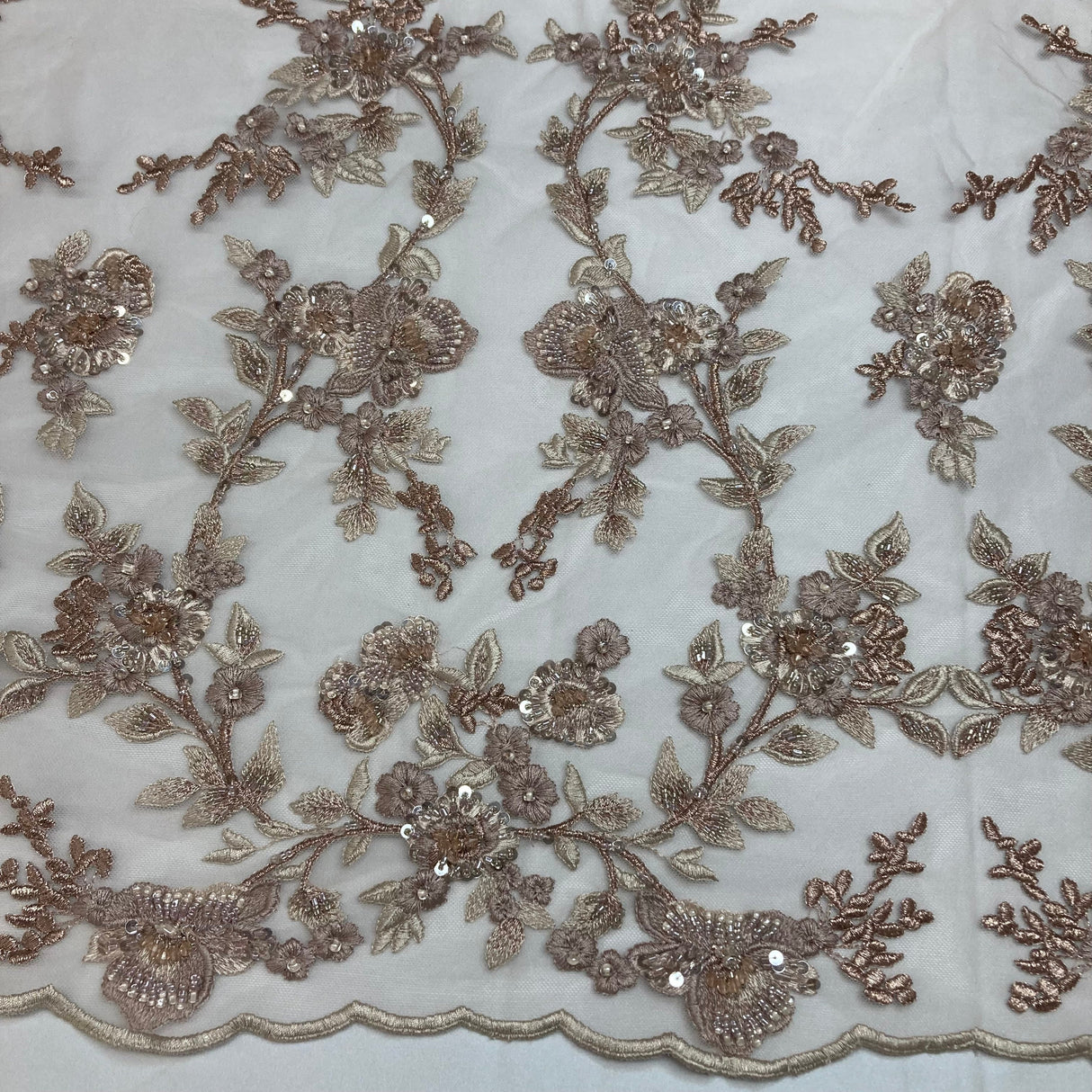 Beaded Lace Fabric - Embroidered On 100 Percent Polyester Net Mesh, Lt. Sage/Dark Sage, 54" Width (1 Yard)
