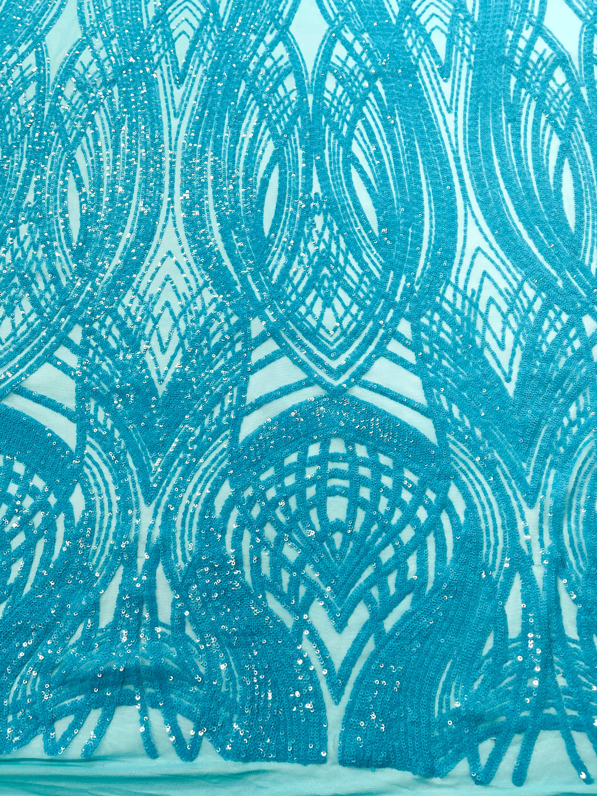 Feather Damask Shiny Sequin Design 4 Way Stretch Mesh Fabric - Iridescent Sequin Embroidered Mesh, 48-50" Width, 36" Length (1 Yard)