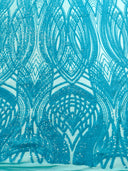 Feather Damask Shiny Sequin Design 4 Way Stretch Mesh Fabric - Iridescent Sequin Embroidered Mesh, 48-50" Width, 36" Length (1 Yard)