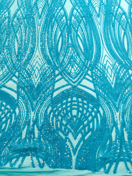 Feather Damask Shiny Sequin Design 4 Way Stretch Mesh Fabric - Iridescent Sequin Embroidered Mesh, 48-50" Width, 36" Length (1 Yard)