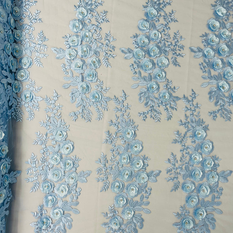 Rosa 3D Floral Design With Rhinestones Polyester Fabric - 3D Floral Embroidered Mesh Lace, 54" Width (1 Yard)