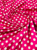 Polka Dot Satin 100 Percent Polyester Charmeuse Fabric - White Polka Dot On Red, 58" Width (1 Yard)