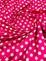Polka Dot Satin 100 Percent Polyester Charmeuse Fabric - White Polka Dot On Red, 58" Width (1 Yard)
