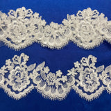 Corded Lace Trimming Embroidered On 100 Percent Polyester Net Mesh Fabric - Black, Gold Antique, Gold Metallic, Ivory With Silver Cording, Ivory, Red, Silver Metallic, White With Silver Cording, White, 3.5" Width (1 Yard)