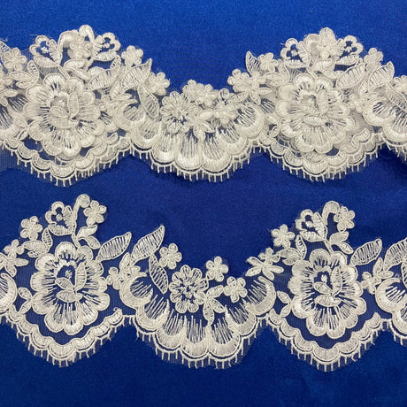 Corded Lace Trimming Embroidered On 100 Percent Polyester Net Mesh Fabric - Black, Gold Antique, Gold Metallic, Ivory With Silver Cording, Ivory, Red, Silver Metallic, White With Silver Cording, White, 3.5" Width (1 Yard)