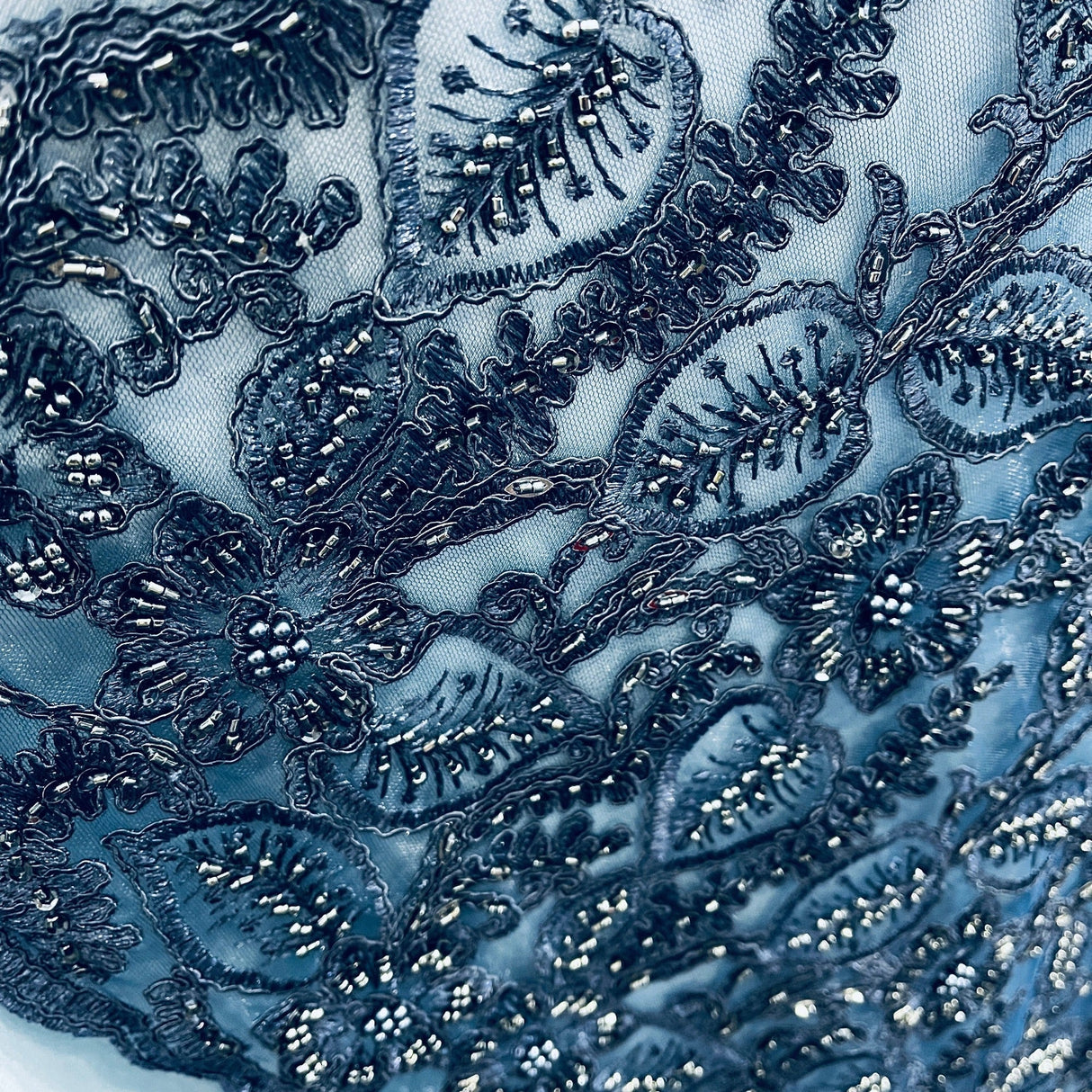 Beaded Corded Lace Fabric on Polyester Net Mesh