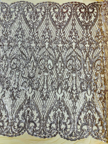 Heart Sequin Damask Polyester Fabric - Heart Damask, Iridescent Sequins, 54" Width (1 Yard)