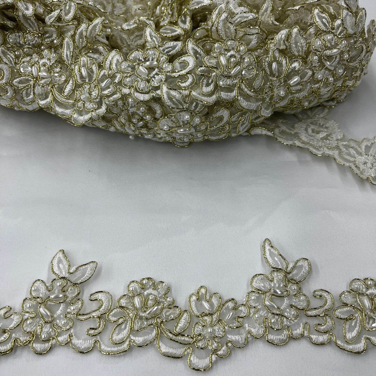 Beaded Corded Lace Trim on Polyester Organza 2"
