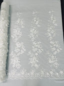 Scarlet 3D Floral Design Lace Fabric - Embroidered Beaded Mesh Lace, Double Scallop, 54" Width (1 Yard)