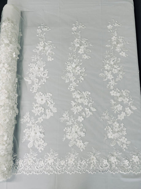 Scarlet 3D Floral Design Lace Fabric - Embroidered Beaded Mesh Lace, Double Scallop, 54" Width (1 Yard)