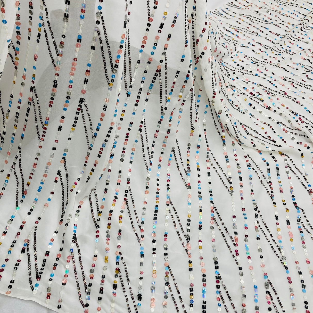 Sequined Chiffon Fabric White