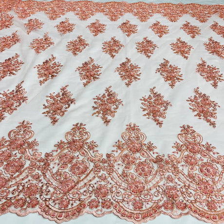 1 Yard Regal Beaded and Corded Lace Fabric with Scallops Embroidered on Polyester Net Mesh