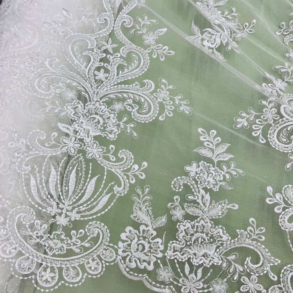 Beaded Lace Fabric on Polyester Net Mesh