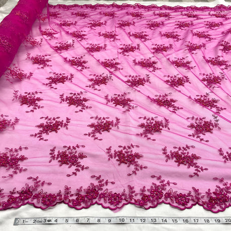 Beaded Lace Fabric - Fuchsia Beaded Embroidered Lace, 51" Width (1 Yard)