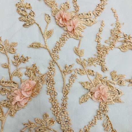 Beaded 3D Floral Lace Polyester Fabric - Embroidered Net Mesh, 48" Width (1 Yard)