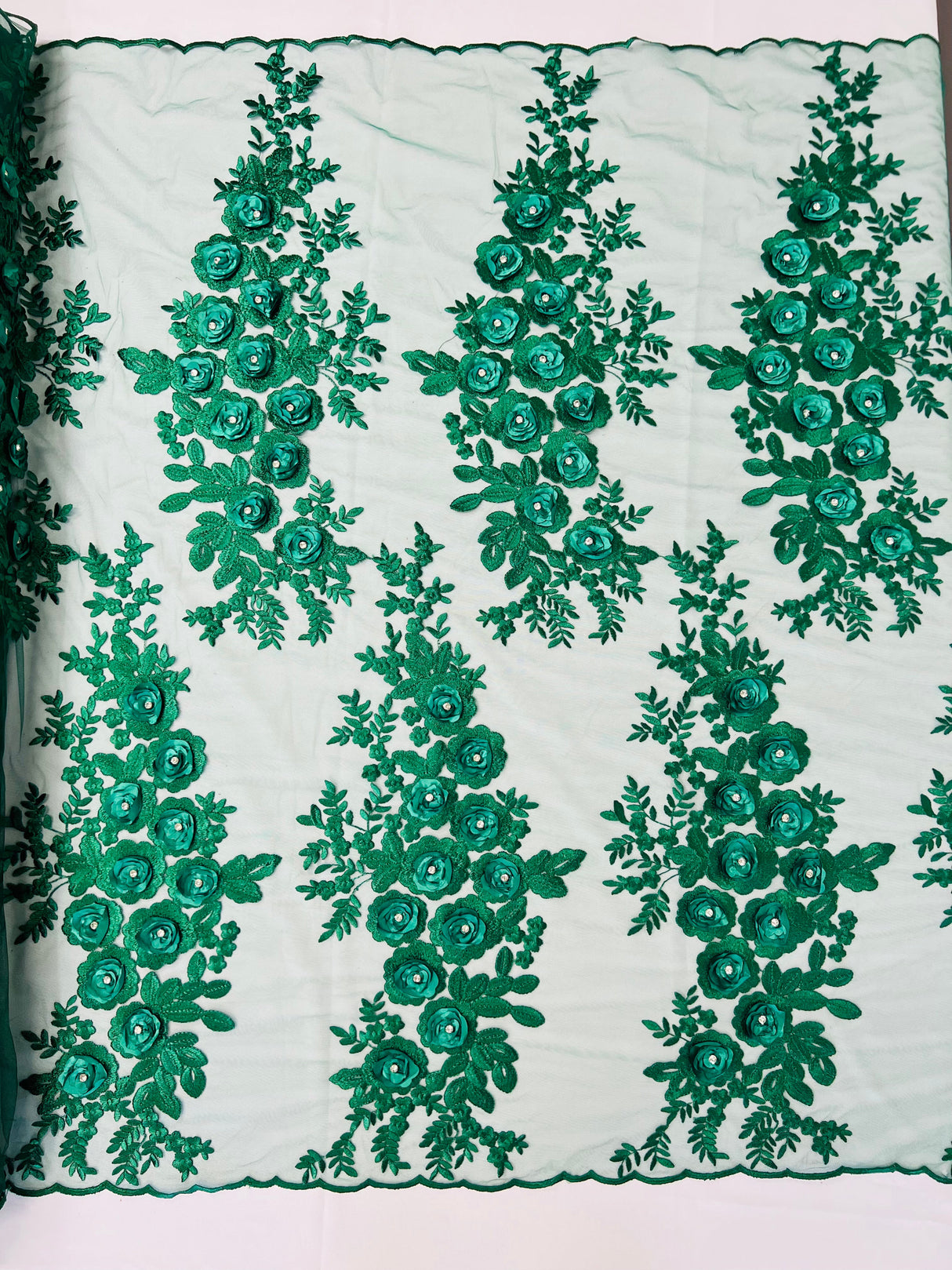 Rosa 3D Floral Design With Rhinestones Polyester Fabric - 3D Floral Embroidered Mesh Lace, 54" Width (1 Yard)