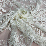 1 Yard Luxurious Corded Bridal Lace Fabric with Floral Embroidery White