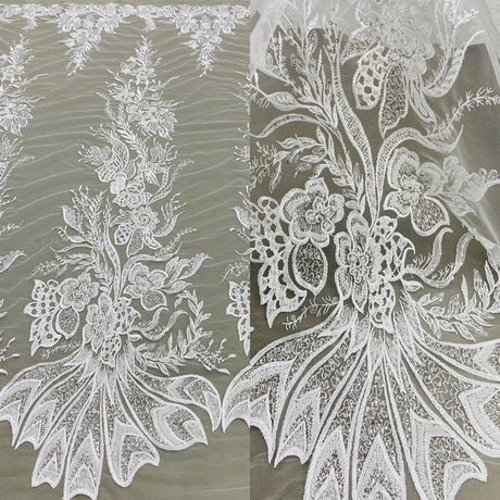 1 Yard Beaded Sequined Lace Fabric Embroidered on 100 Percent Polyester Net Mesh 50 Inch Width