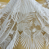 1 Yard Beaded & Corded Bridal Lace Fabric Embroidered on 100% Polyester Net Mesh