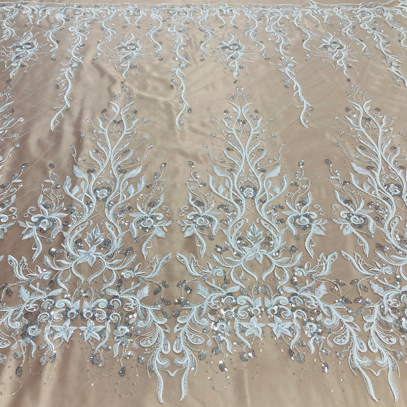 1 Yard Ivory Beaded Lace Fabric Embroidered on 100 Percent Polyester Net Mesh 52 Inch Width