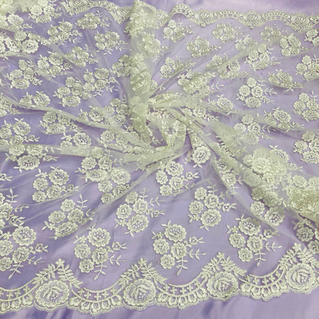Corded Bridal Lace Polyester Fabric - Embroidered Net Mesh, 50" Width (1 Yard)