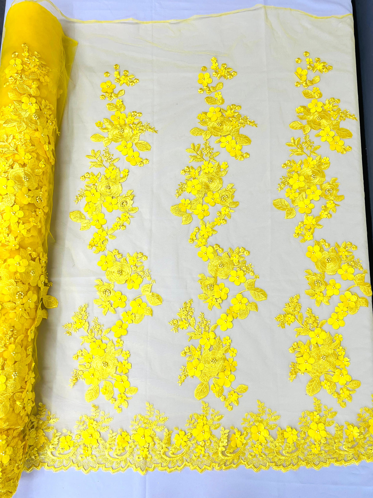 Scarlet 3D Floral Design Lace Fabric - Embroidered Beaded Mesh Lace, Double Scallop, 54" Width (1 Yard)