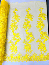 Scarlet 3D Floral Design Lace Fabric - Embroidered Beaded Mesh Lace, Double Scallop, 54" Width (1 Yard)