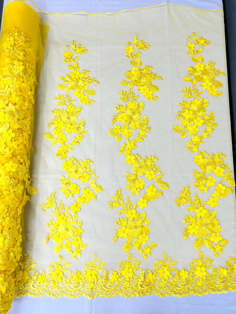 Scarlet 3D Floral Design Lace Fabric - Embroidered Beaded Mesh Lace, Double Scallop, 54" Width (1 Yard)