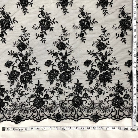 Beaded Sequined Lace Fabric - Black, Embroidered, 52" Width (1 Yard)