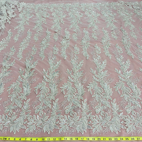 Beaded Lace Fabric Embroidered On 100 Percent Polyester Net Mesh - White, Ivory, Antique Silver, 54" Width (1 Yard)