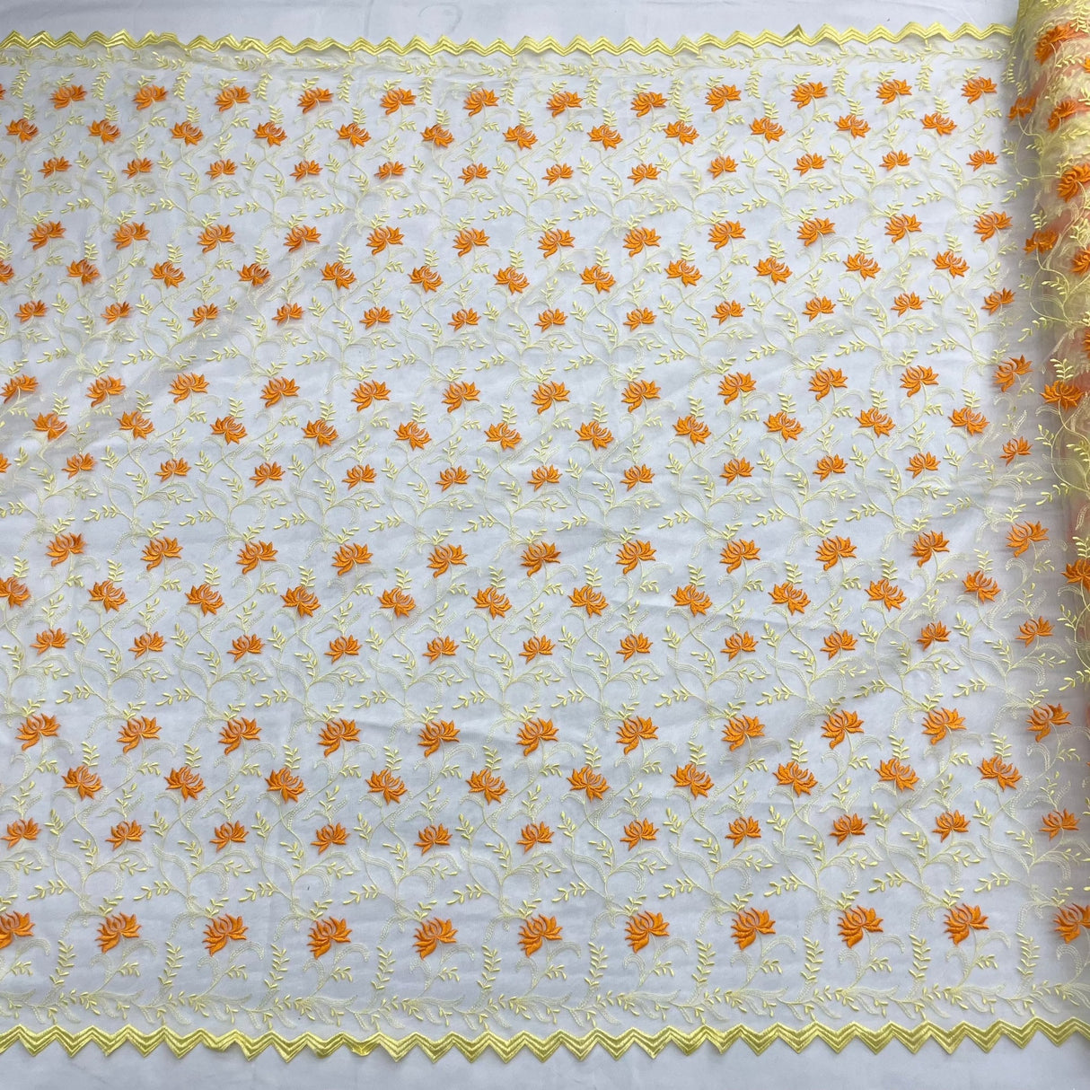 Embroidered Polyester Net Mesh Lace Fabric - Brown/Orange, 54" Width (1 Yard)