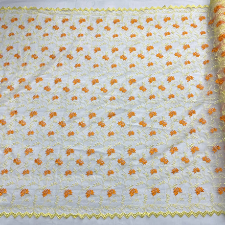 Embroidered Polyester Net Mesh Lace Fabric - Brown/Orange, 54" Width (1 Yard)