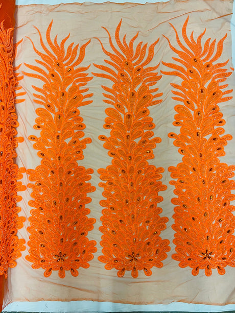 New Vegas Heavy Beaded Feather Design Embroidery Mesh Fabric - Beaded Feather Design, 11" Width, 50" Length (1 Panel)