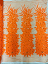 New Vegas Heavy Beaded Feather Design Embroidery Mesh Fabric - Beaded Feather Design, 11" Width, 50" Length (1 Panel)