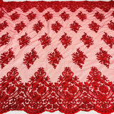 1 Yard Regal Beaded and Corded Lace Fabric with Scallops Embroidered on Polyester Net Mesh