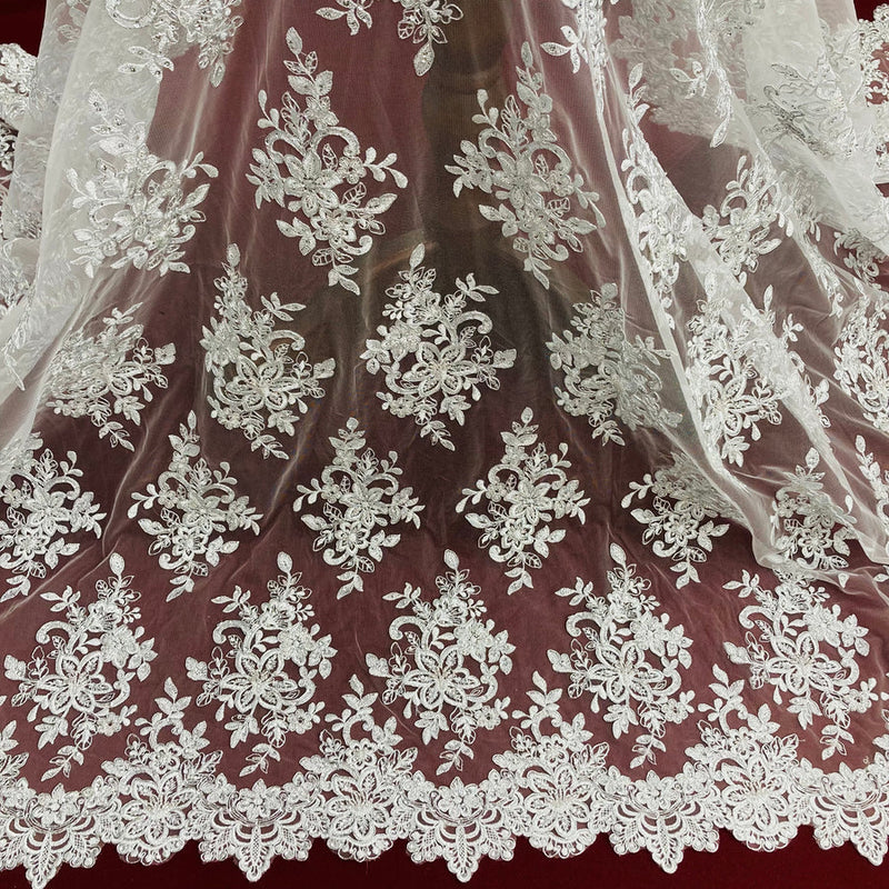 1 Yard Beaded and Corded Bridal Lace Fabric Embroidered on Polyester Net Mesh Width 54 inches