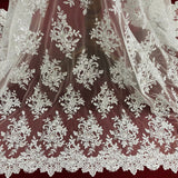 1 Yard Beaded and Corded Bridal Lace Fabric Embroidered on Polyester Net Mesh